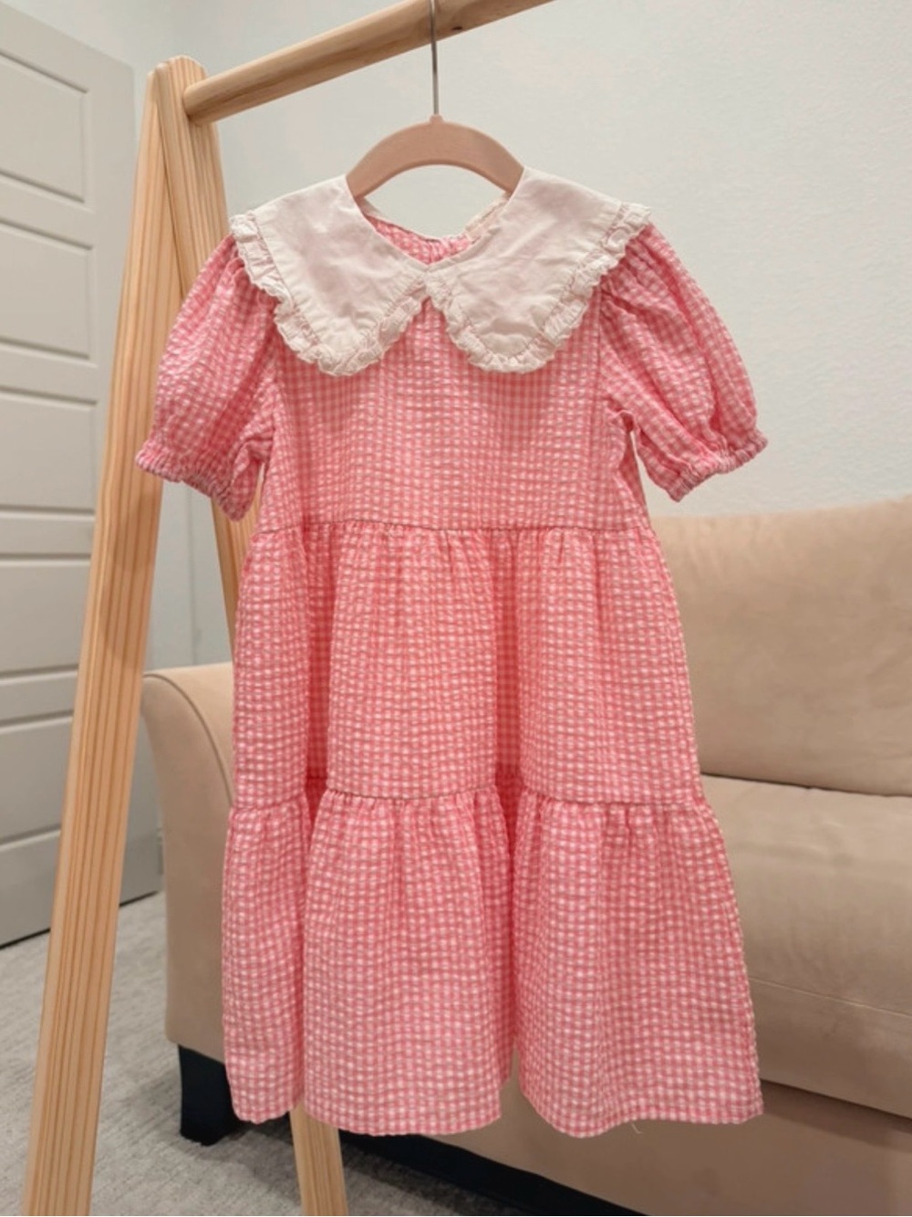 Pink Puff Sleeve Tiered Dress with White Peter Pan Collar